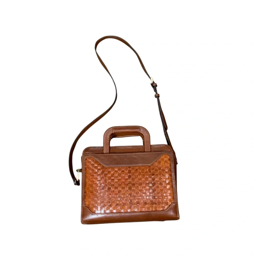 Vintage Franklin Quest 7 Ring Woven Leather Crossbody Planner 11” X 9”